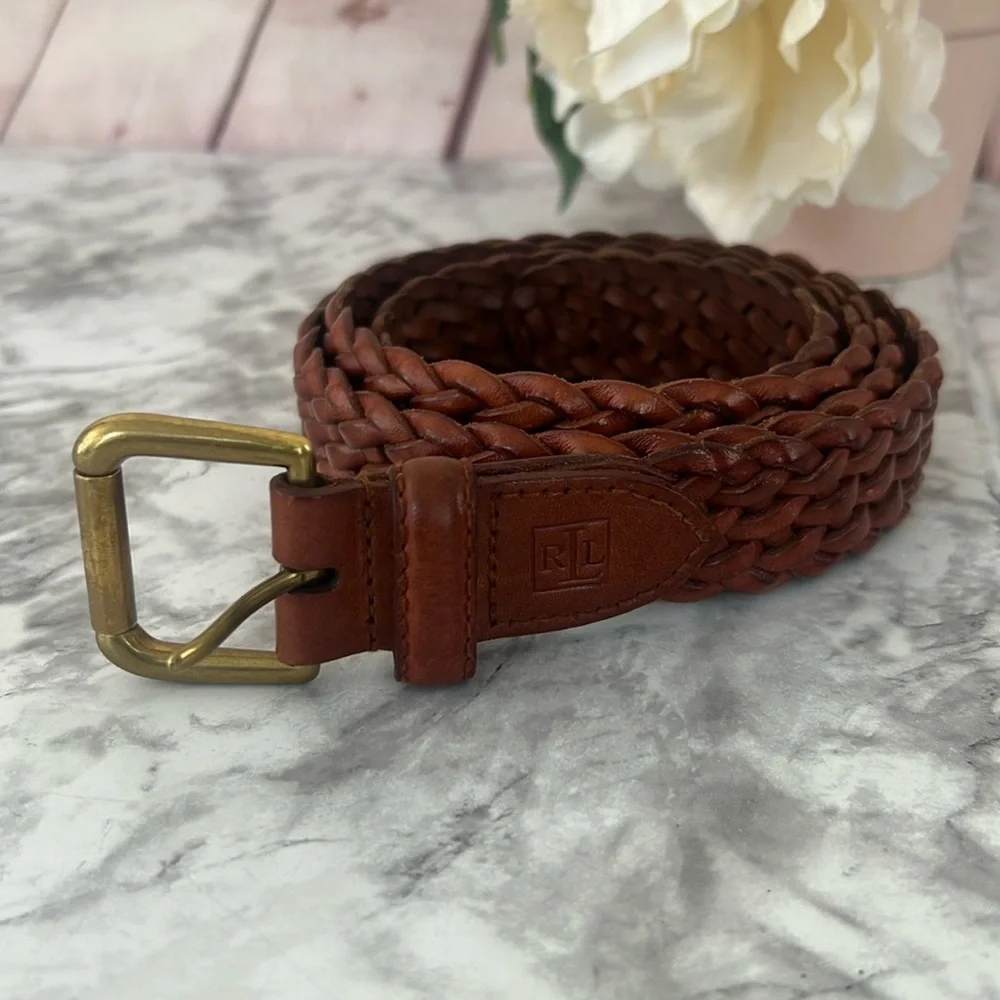 RLL BRAIDED BROWN SOLID BRASS BUCKLE BELT SIZE 42 UNISEX
